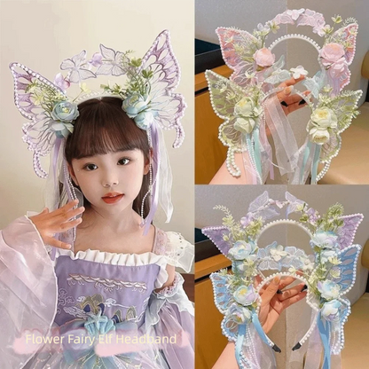 Fresh Sweet Butterfly Flowers Hairband Pearl Beads Silk Ribbon Floral Headwear Fairy Hair Jewelry Decorative Headwear Women Wear