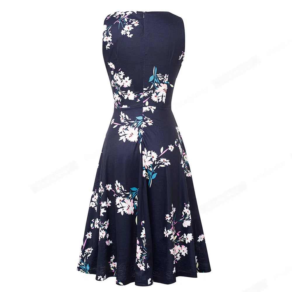 Women Vintage Casual Round Neck A line Summer Elegant Floral Lace Patchwork Sleeveless Tunic Party Swing Dress HA079