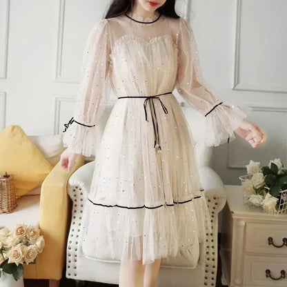 Mesh Dresses Women Patchwork Sequined Holiday O-Neck Spring Korean Style Elegant Vestido Feminino Sweet College Female Popular