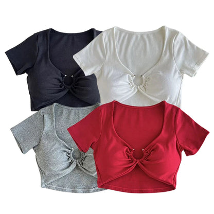 Xingqing Summer Crop Tops y2k Women Sexy Clothes Solid Color Metal Ring Short Sleeve Padded T Shirts 2000s Clothing Streetwear