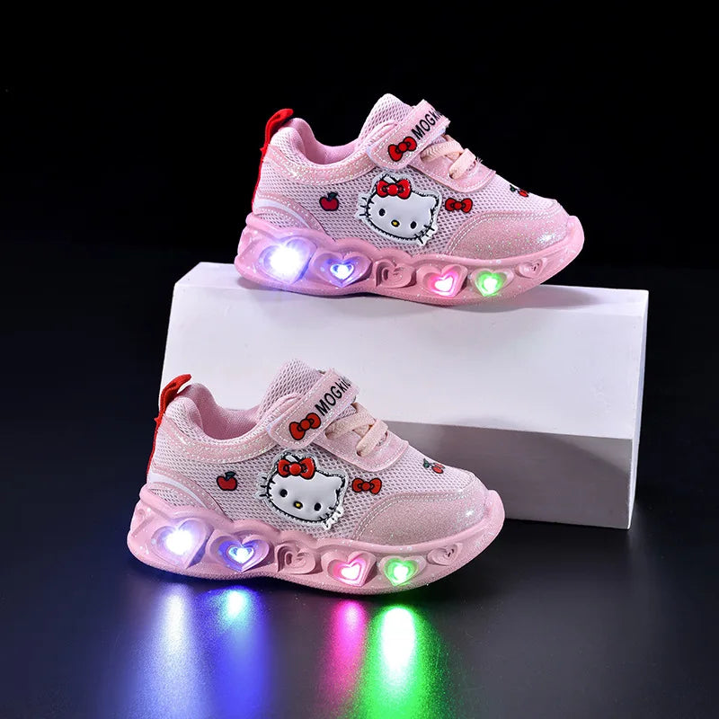 Sanrio LED Kids Shoes for Girls Cute Cartoon Hello Kitty Shoes Summer Girl Kawaii Shoes Soft Bottom Sneakers Casual Shoes