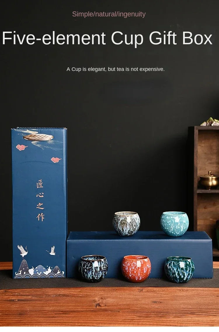 Gift Box & Five Elements Gift Box Kiln Change China Ceramic Tea Cup Porcelain Kung Fu Cups Set Pottery Coffee Mug Tableware Cup
