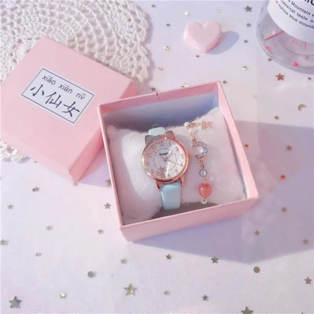 High Quality Quartz Clock Watch Bracelet Set Leather Watchband Casual Quartz Watch Cute Cat Ear Bracelet