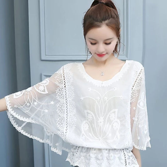 TingYiLi Batwing Sleeve Hollow Out Embroidery Cotton Top Women Summer Black White Lace Short Blouses Vintage Sweet Boho Top