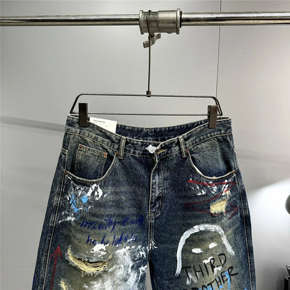 High End Men'S Clothing Hip Hop Graffiti Baggy Jeans For Men Streetwear Skateboard Ripped Jeans Korean Trendy Denim Trousers  ( Available )