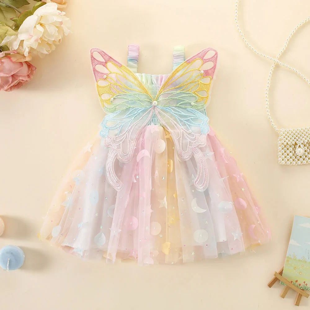 Girls' Dress Summer New Halter Colorful Butterfly Pearl Sequins Sweet Princess Dress Birthday Party Dress