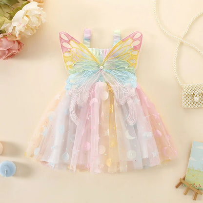 Girls' Dress Summer New Halter Colorful Butterfly Pearl Sequins Sweet Princess Dress Birthday Party Dress