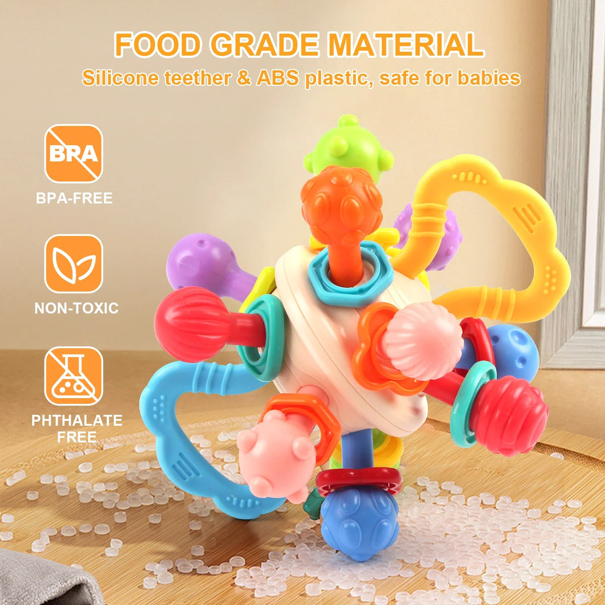 Baby Silicone Teether Ball BPA-free soft rattle toy for infants 0–12 months with easy-grip design