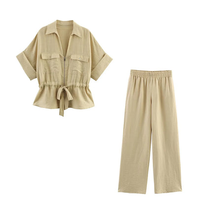 HH Women Pants Suit Solid Short Sleeve Zipper Pocket Drawstring Design Shirt Top+Elastic Waist Loose Casual Wide-leg Pants