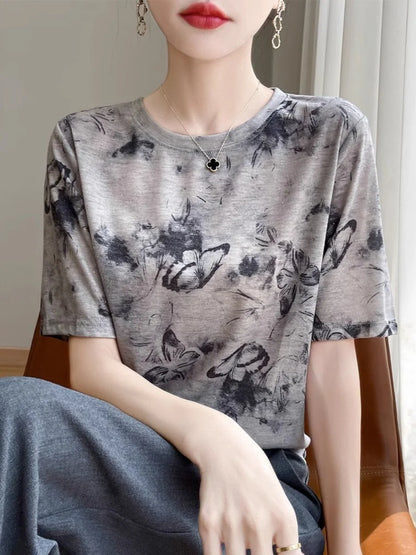 Retro Tie Dye Print Silk Wool ort Sve T irt Women Summer Loose Slimming Thin  Silk f Sve Top
