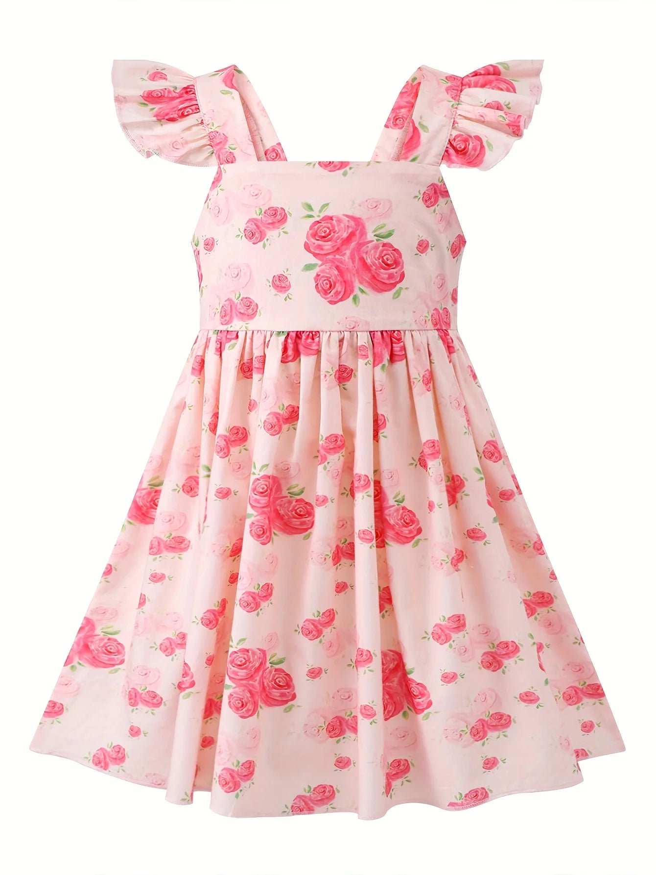 Girls Rose Print Dress Ruffled Flutter Sleeve Back Bow Design Pink Floral Party Dress for Toddler Kids Casual Outdoor Outfit