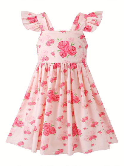 Girls Rose Print Dress Ruffled Flutter Sleeve Back Bow Design Pink Floral Party Dress for Toddler Kids Casual Outdoor Outfit