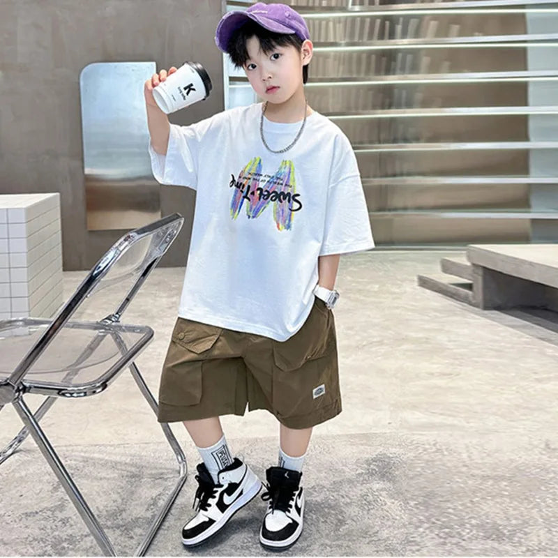 Clothing Sets Big Children Short-sleeved Top+Shorts Suits Teenager T-shirt Loose Sports 2Pcs Outfits