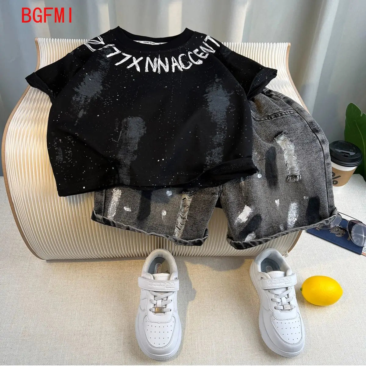 New Boys Fashion Summer Cotton Letter Printing T-shirts+Graffiti Denim Shorts 2pcs Set Kids Korean Outfits Sets Children Clothes
