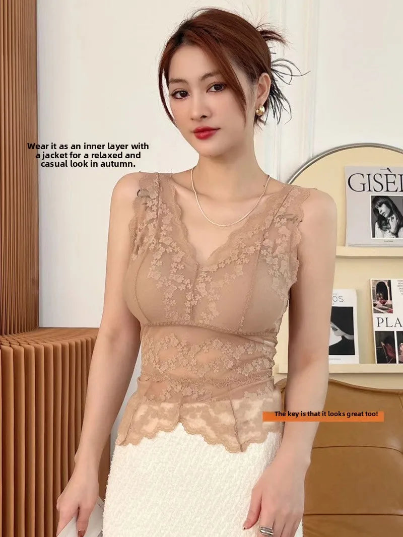 Lace White Strap Vest Women Summer Outdoor Wear with Chest Pad Beautiful Ba Base Inner Match V-ne Svel Top Women