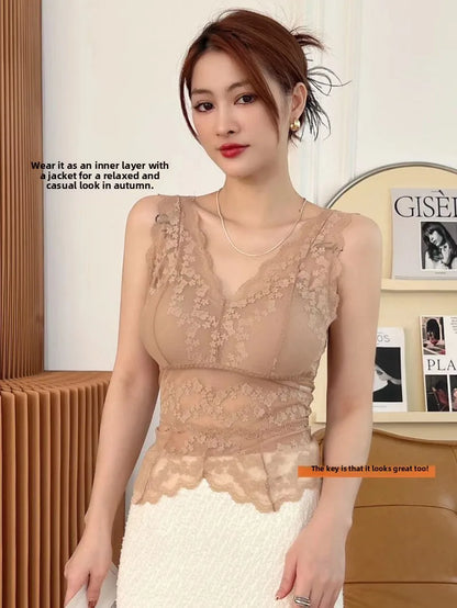 Lace White Strap Vest Women Summer Outdoor Wear with Chest Pad Beautiful Ba Base Inner Match V-ne Svel Top Women