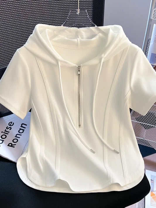 Summer New Women's Zipper Hoodie ort Sve T-irt Pure Cotton Slim Fit ort Fibone Top Korean Sle Commute Faion
