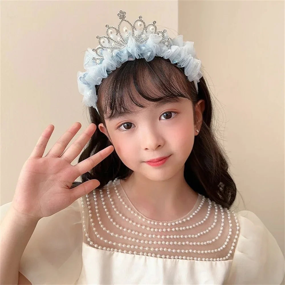 Sweet Princess Headband for Girl Mesh Pearl Crown Hair Hoop for Children Birthday Party Headwear