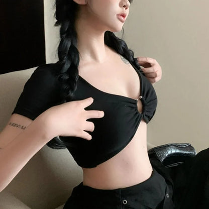 Xingqing Summer Crop Tops y2k Women Sexy Clothes Solid Color Metal Ring Short Sleeve Padded T Shirts 2000s Clothing Streetwear