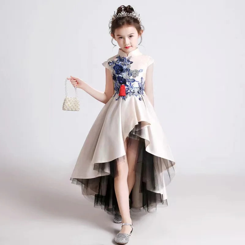 Girls' Fashion Evening Dress Children's Chinese Style Host Piano Performance Costume Dress Kids' Stand up Embroidered SkirtLI852 (Available)