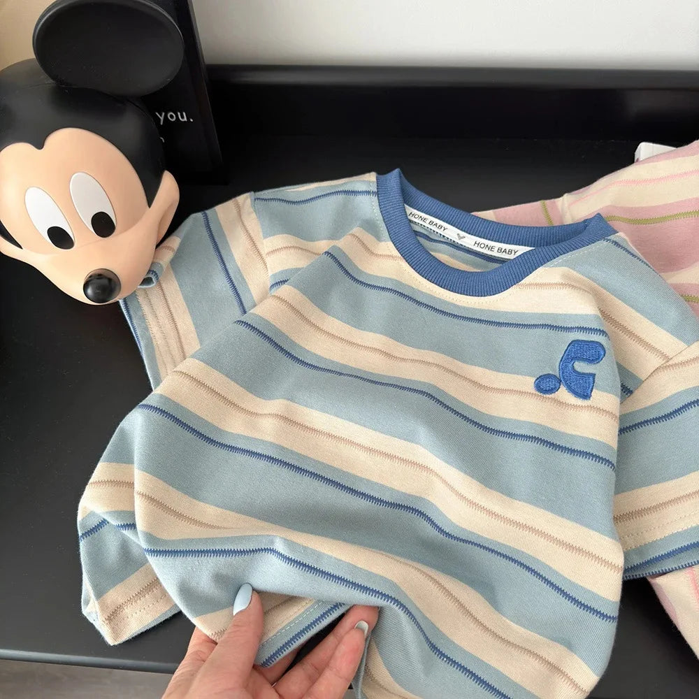 Summer Cotton Children Striped Short Sleeved Embroidered T-shirt for Boys and Girls Korean Versatile Short T-shirts Fashion Top
