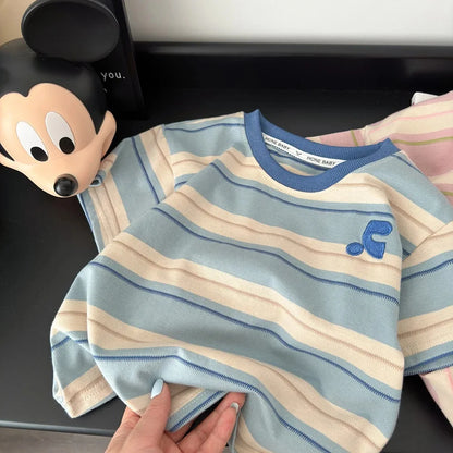 Summer Cotton Children Striped Short Sleeved Embroidered T-shirt for Boys and Girls Korean Versatile Short T-shirts Fashion Top