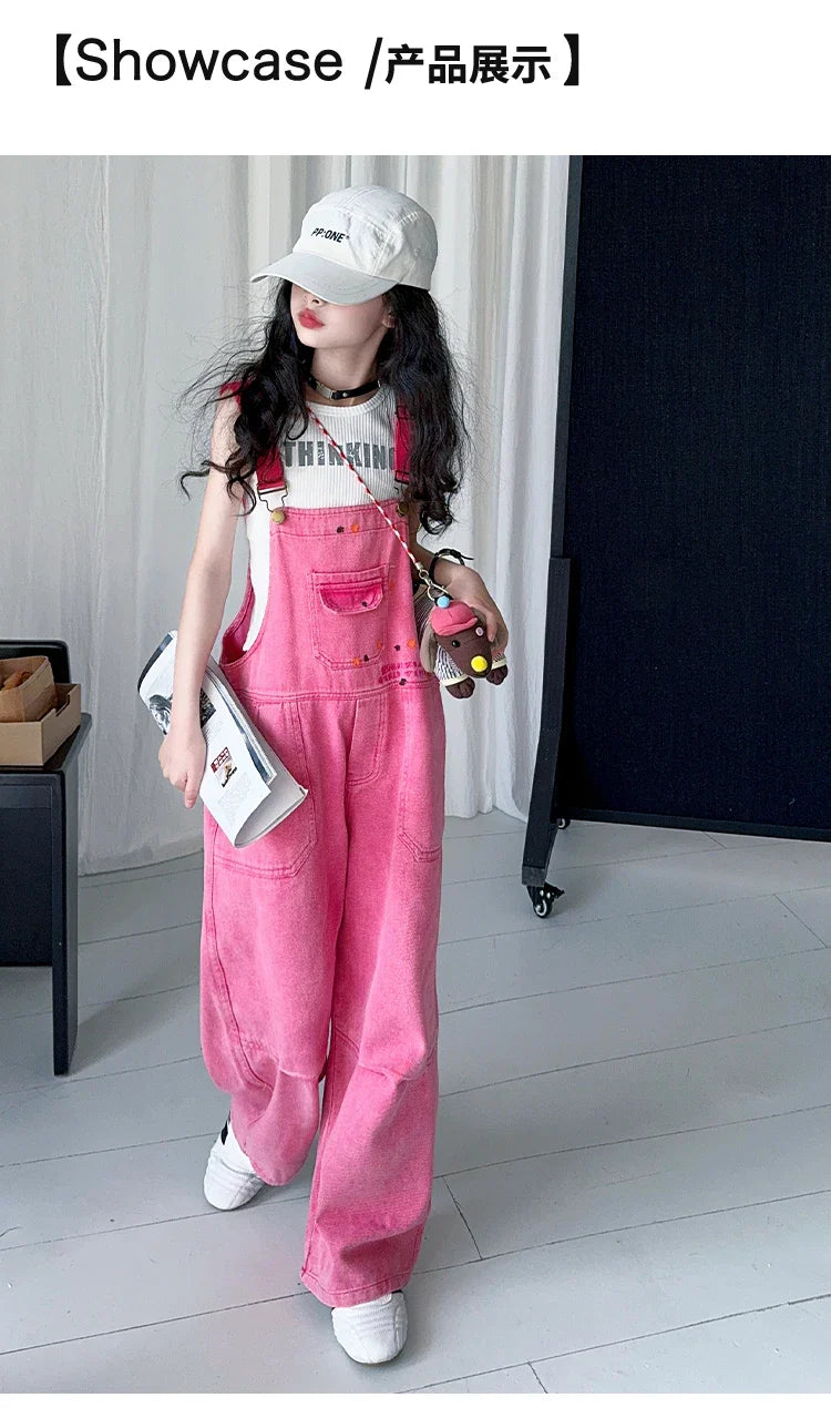 Luxury Kids Pink Denim Dungarees Bib Jeans for Teens Girl Casual Suspender Jumpsuit Child Fashion Jeans Overalls