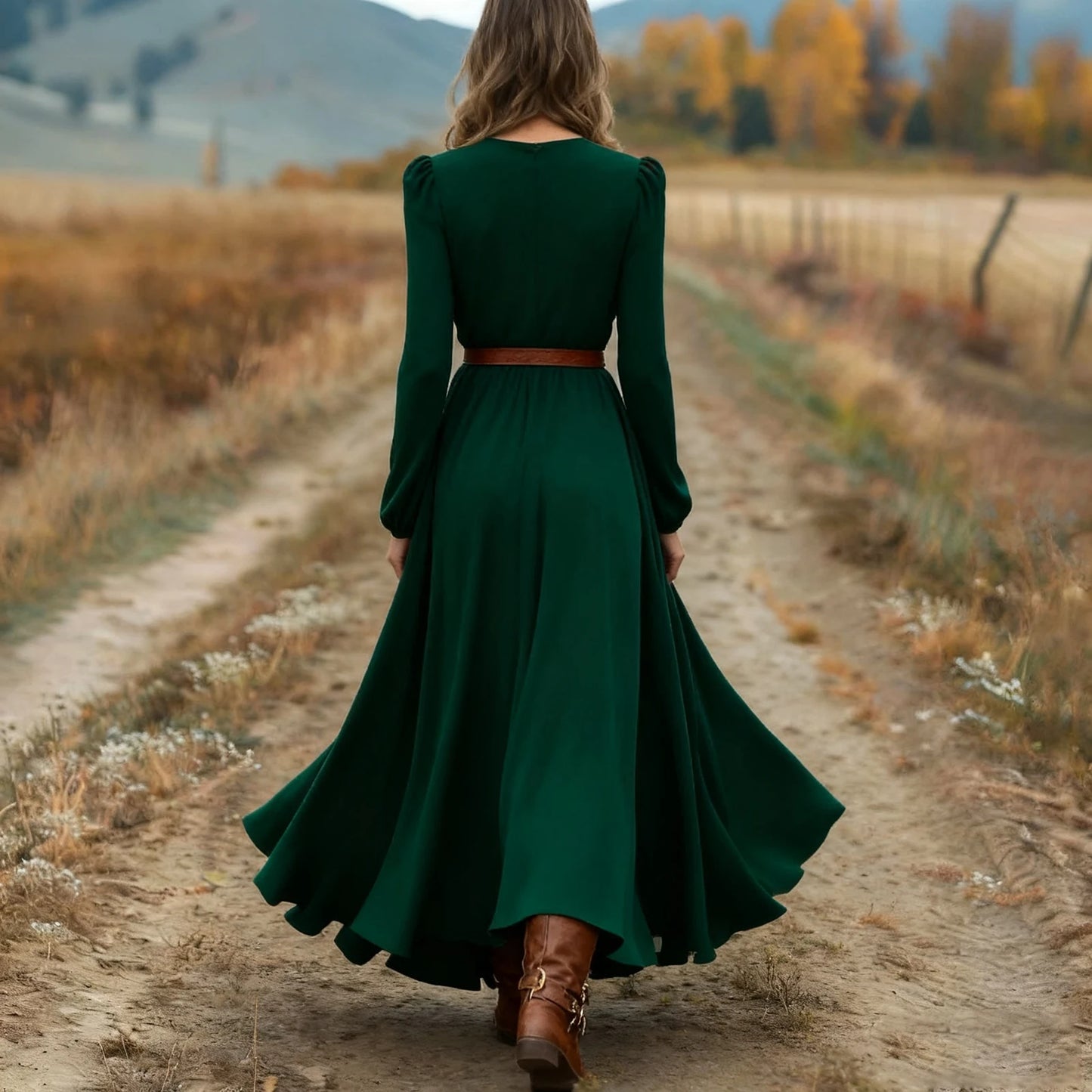 Women's Spring Autumn Retro Western Style V-neck Long Sleeve Dress Fashion Casual Long Dresses Elegant Party Dresses(no belt)