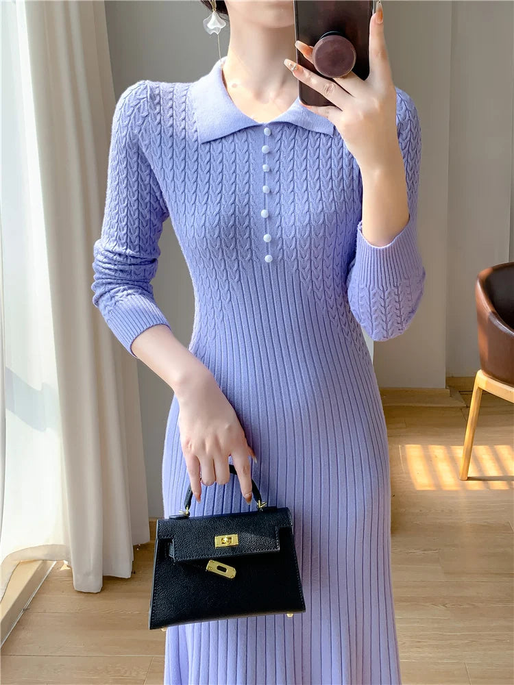 Sweater Dress Women New  Autumn Winter Purple White Or Black High Waist A Line Dress Elegant Long Knitted Dress (Available)
