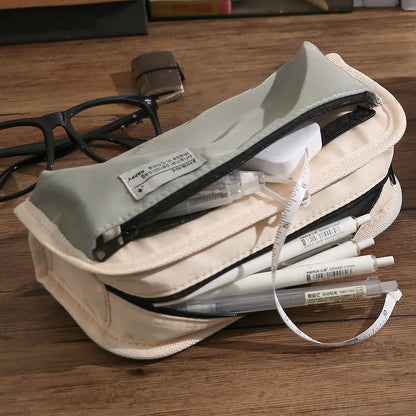 Outdoor Style Pencil Bag Pen Case Hitting Color Canvas 3 Layer Pocket Storage Pouch for Stationery School
