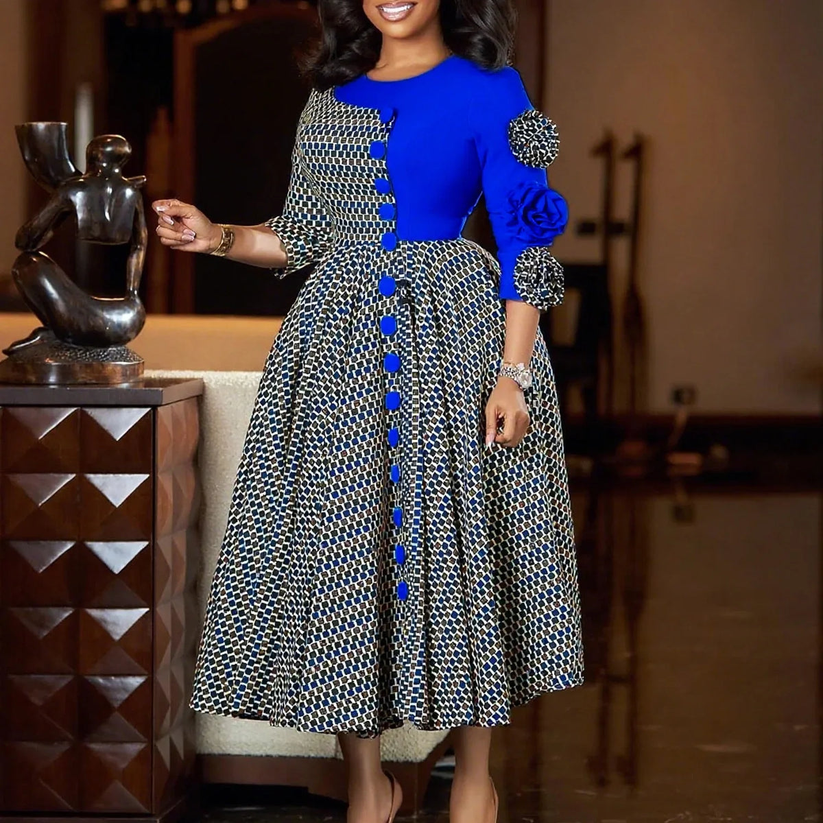 Elegant Dresses for Women O Neck Half Sleeve High Waisted Pleated Mid Calf Fashion Printed Luxury Birthday Party Dinner Dress