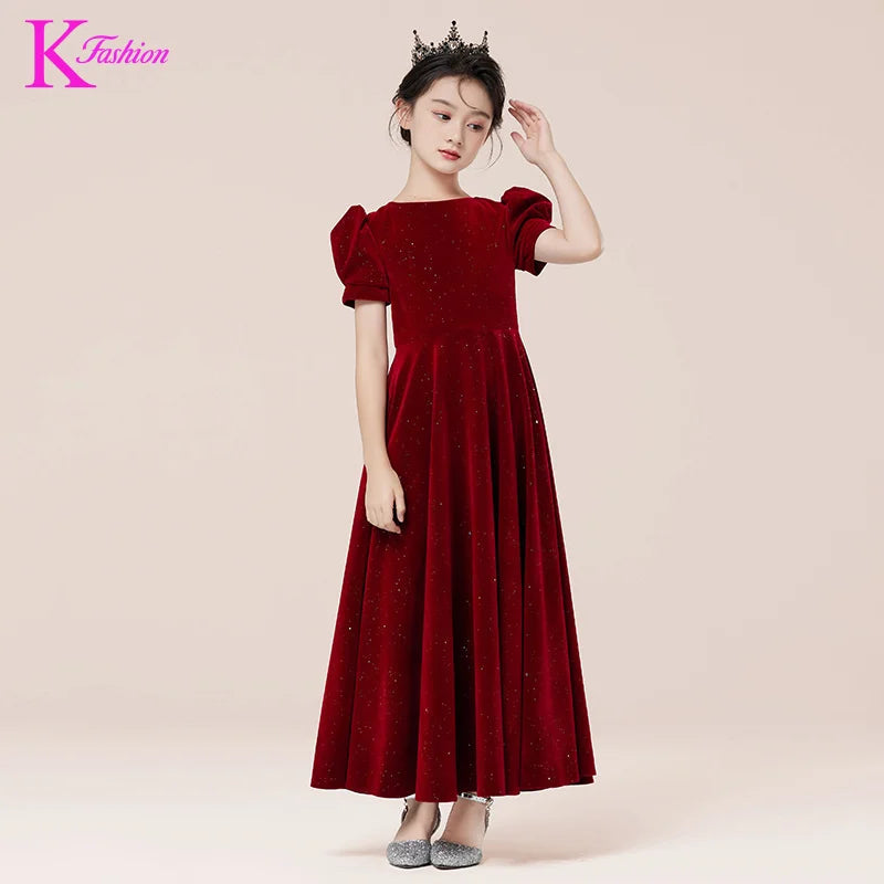 Kids Party Dress Clothing For Birthday Princess  Wine Red Piano Wedding Flower Girl 5-17 Years Old  Host Children's Formal Dress