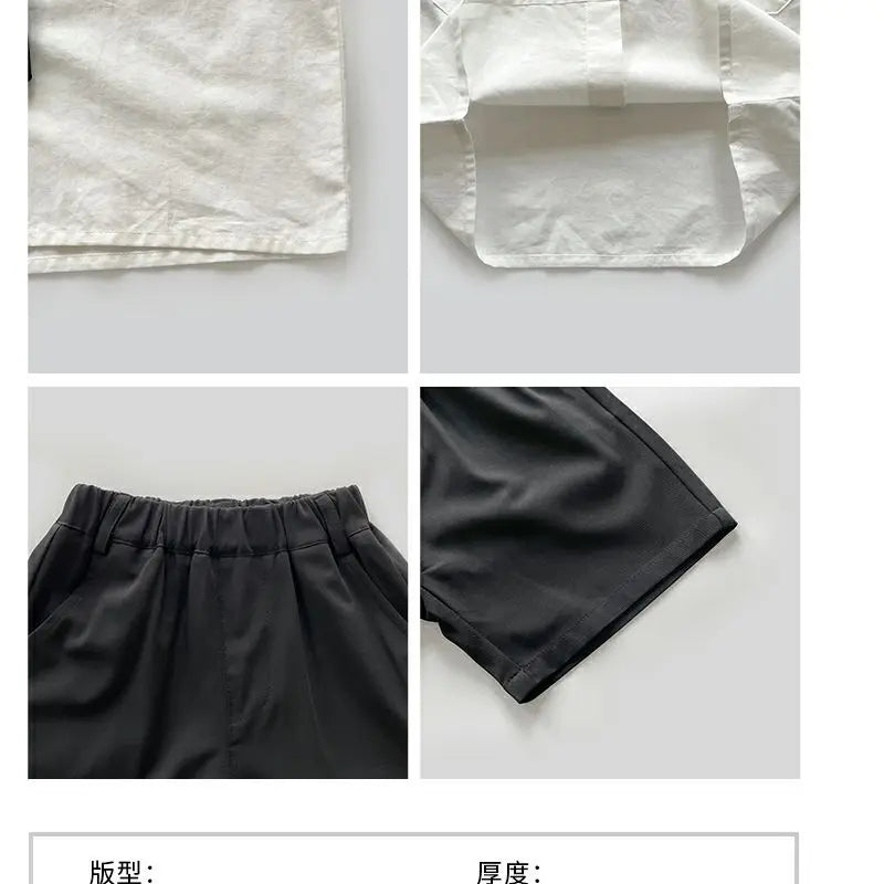 Teens Boys Summer Set Children's Wear Thin 2025 New Handsome British Style Boy White Cotton Short Sleeved Shirt+Black Shorts+Tie