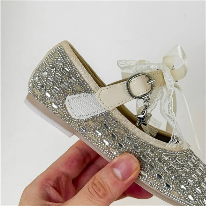 Children Shoes For Girls Leather Bow Rhinestone Princess Shoes Soft Sole Outdoor Fashion Kids Sneakers EU 26-33
