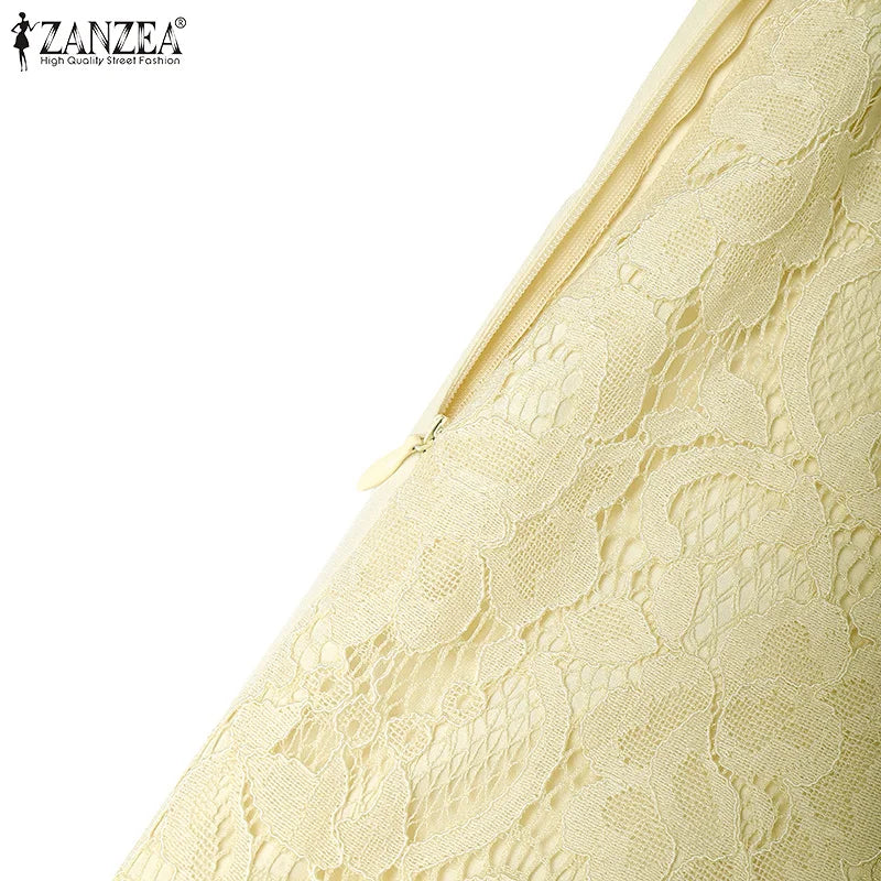 ZANZEA Women Summer Lace Patchwork Dresses 2026 Elegant Party Dress Stylish V Neck Short Sleeve Office Sundress A Line Midi Robe