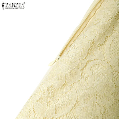 ZANZEA Women Summer Lace Patchwork Dresses 2026 Elegant Party Dress Stylish V Neck Short Sleeve Office Sundress A Line Midi Robe