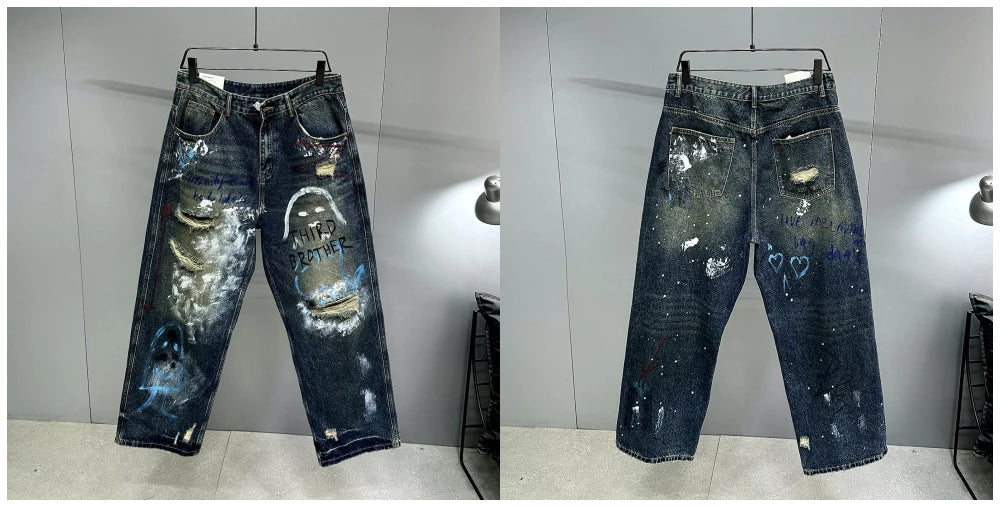 High End Men'S Clothing Hip Hop Graffiti Baggy Jeans For Men Streetwear Skateboard Ripped Jeans Korean Trendy Denim Trousers  ( Available )
