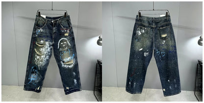 High End Men'S Clothing Hip Hop Graffiti Baggy Jeans For Men Streetwear Skateboard Ripped Jeans Korean Trendy Denim Trousers  ( Available )