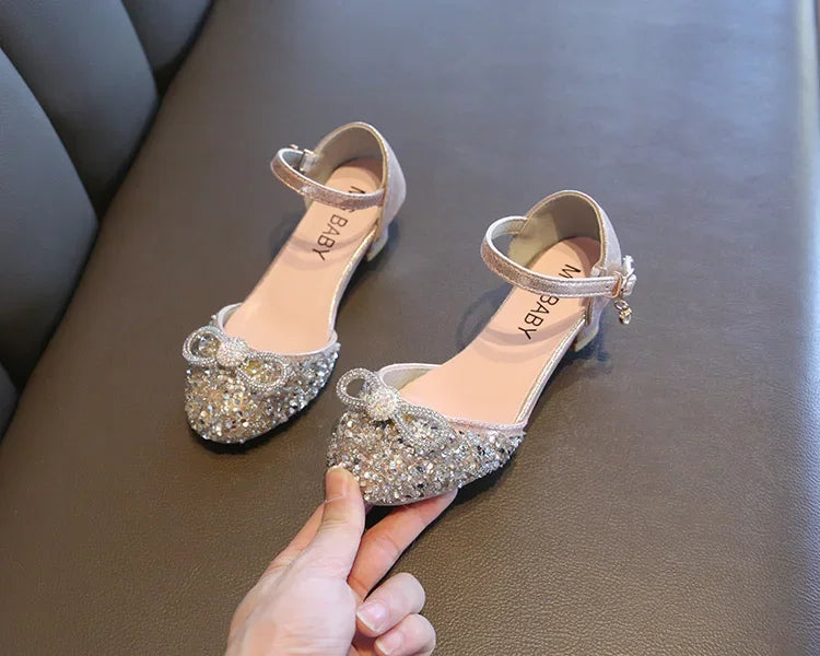 Girls High Heels for Kids Party Wedding Evening Dress Shoes 2021 Fashion Crystal Summer Princess Stockings Girl Sandals E02165