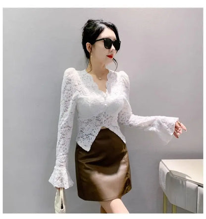 Spring Summer Lace T-shirt Slim Women V-neck Long Sleeve Shirt Button Irregular Short Tops Puff Sleeves Vintage Chic Design Tees