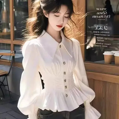 French Slim-fit Waistline Shirt 2025 Spring Summer Women Elegant Blouse Femae Longsleeve Shirt Office Lady White Base Shirt