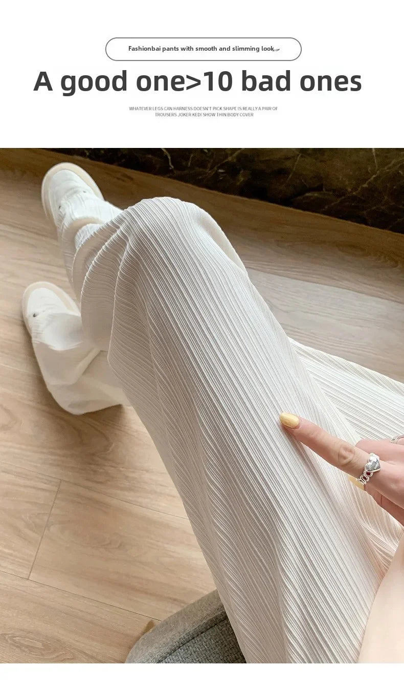 Korea Dongdaemun Ice Silk Wide-leg Pants Women's Thin Slimming Floor Pants White Striped Pants Y2K Fashion Pants Baggy (Available)