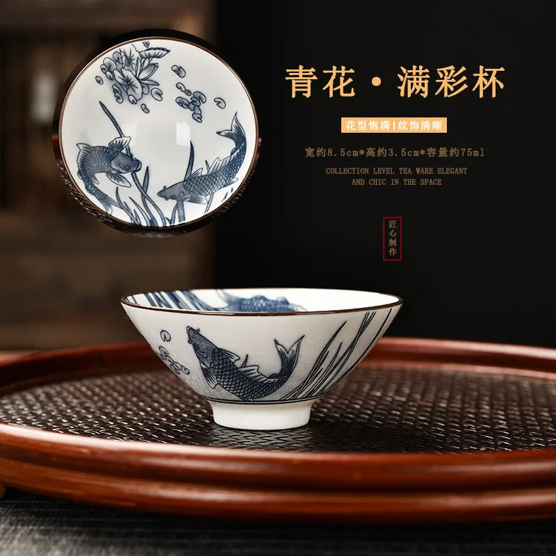 Blue and White Porcelain Cone Teacup Anti Scaling Hand-painted Tasting Tea Bowl Travel Meditation Cup Chinese Tea Set 70ml