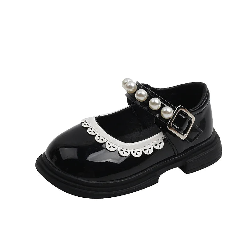 Girls Princess Shoes 2023 Spring New Sweet Pearl Patent Leather Elegant Children Mary Janes Shoes Fashion Soft Sole Party Shoes