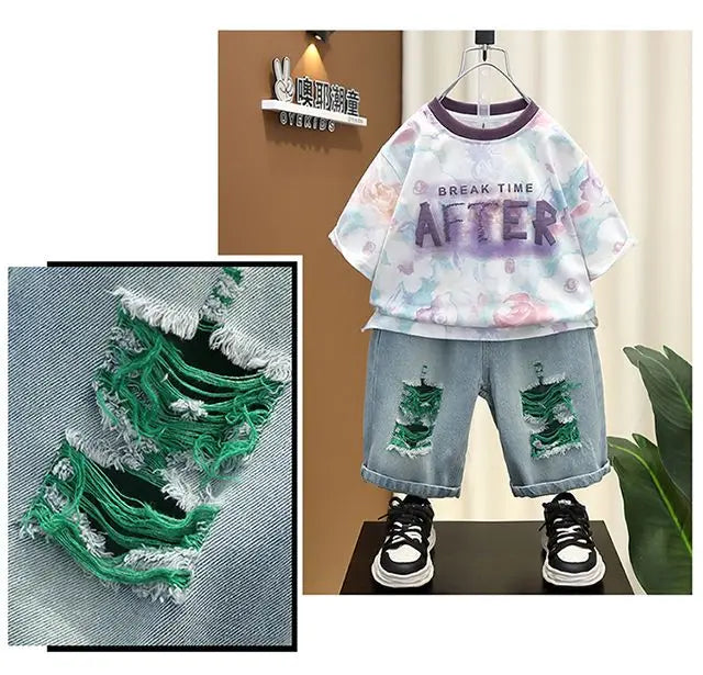 New Children's Printed Thin T-shirt+ hole Denim Shorts Teenager Boys Summer Fashion outfits