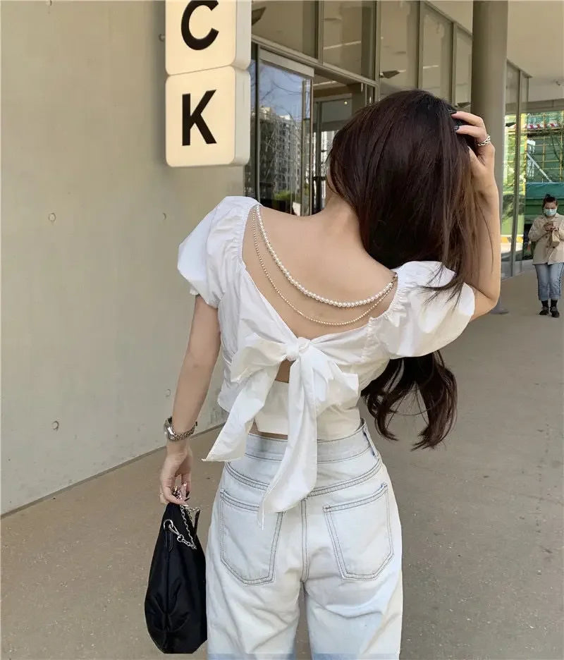 2025 Fashion New Pearl Chain Shirt Women Summer French Bow Backless White Blouse Sweet Puff Sleeve Crop Top Female