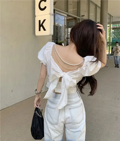 2025 Fashion New Pearl Chain Shirt Women Summer French Bow Backless White Blouse Sweet Puff Sleeve Crop Top Female