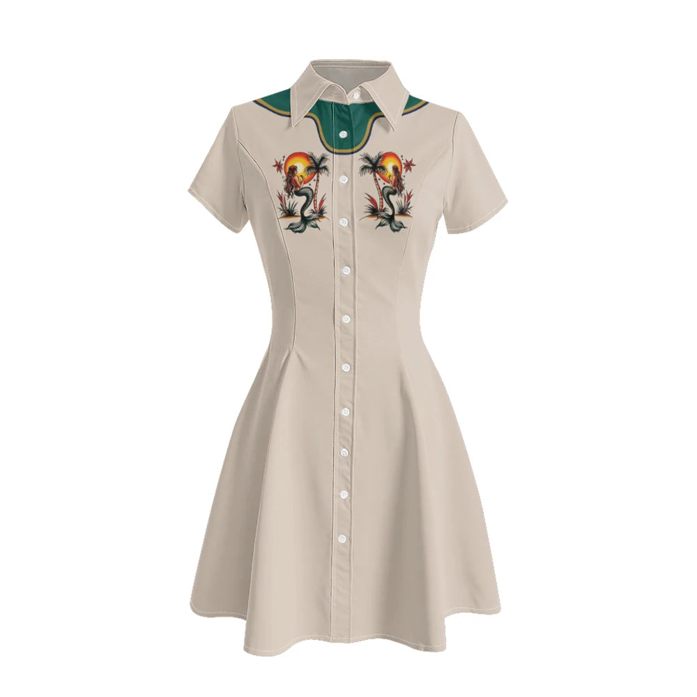 Women's Western Shirt Dress with Music Notes and Dolphin Print Cowboy Collar Button Up Pure Cotton Midi Dress Casual Boho Style