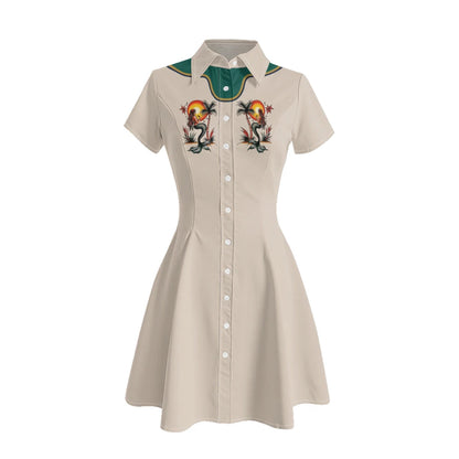 Women's Western Shirt Dress with Music Notes and Dolphin Print Cowboy Collar Button Up Pure Cotton Midi Dress Casual Boho Style