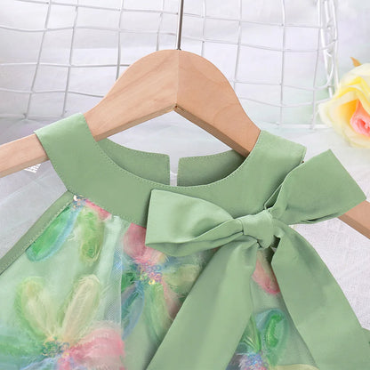 Summer Dress Girl Dresses 2025 Children Clothes Sleeveless Halter Mesh Sequins Bow Princess Dress Toddler Colorful Flower Dress